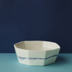 Large White Geometric Bowl with Blue Line 